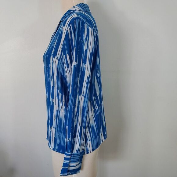 Worthington Shirt Top Flowy Womens Size Medium Button Up Blue White Long Sleeves - Picture 4 of 13